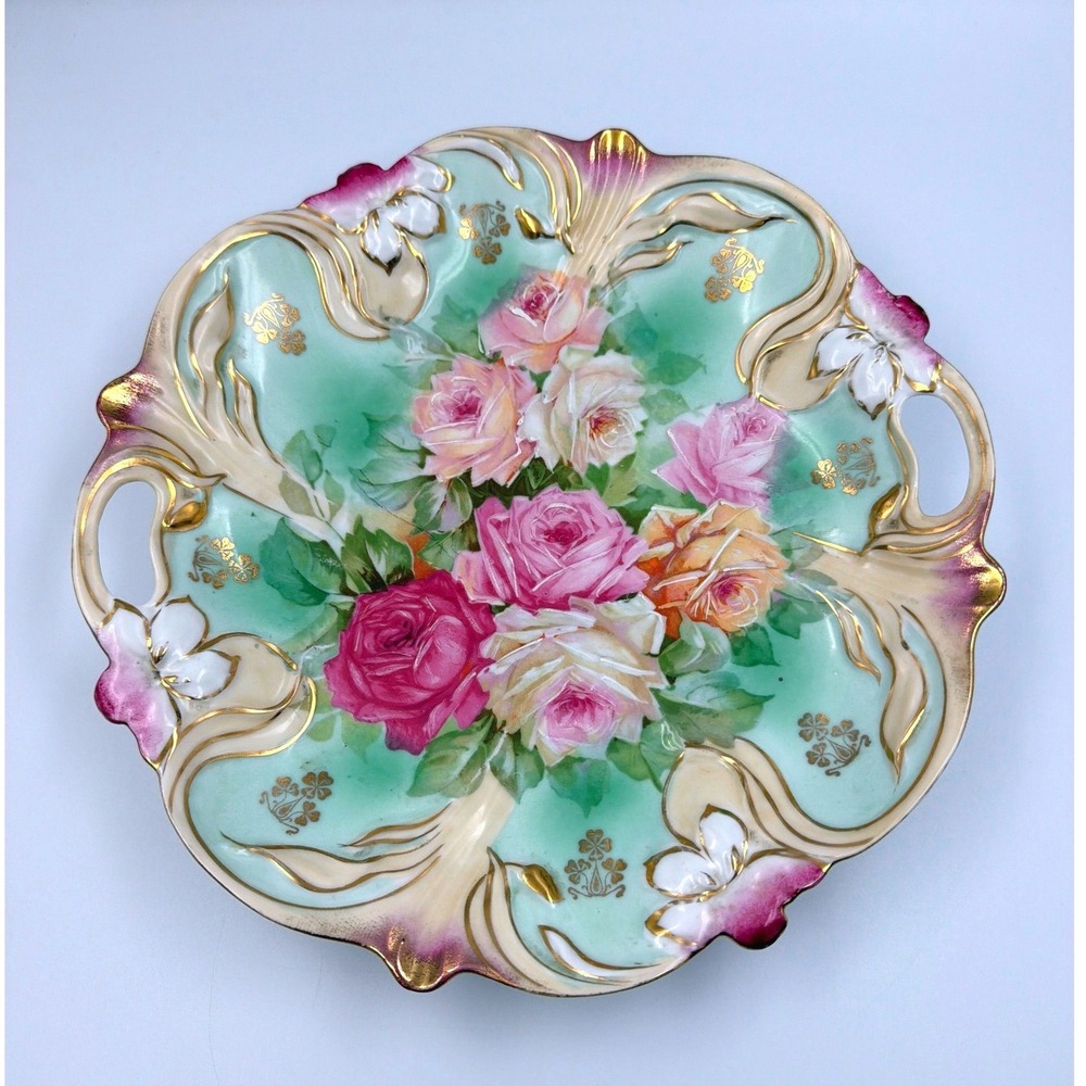 RS Prussia Style Antique Handled Porcelain Cake Rose Floral Gold Design 10"